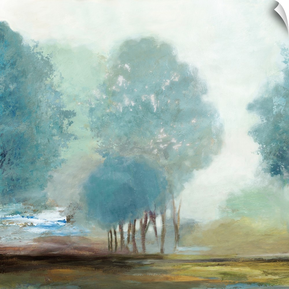 Contemporary painting of a misty grove of trees in the countryside.