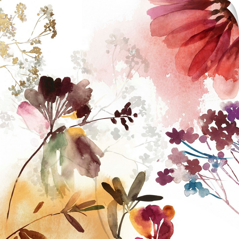 Watercolor artwork of flowers in bloom in soft shades.