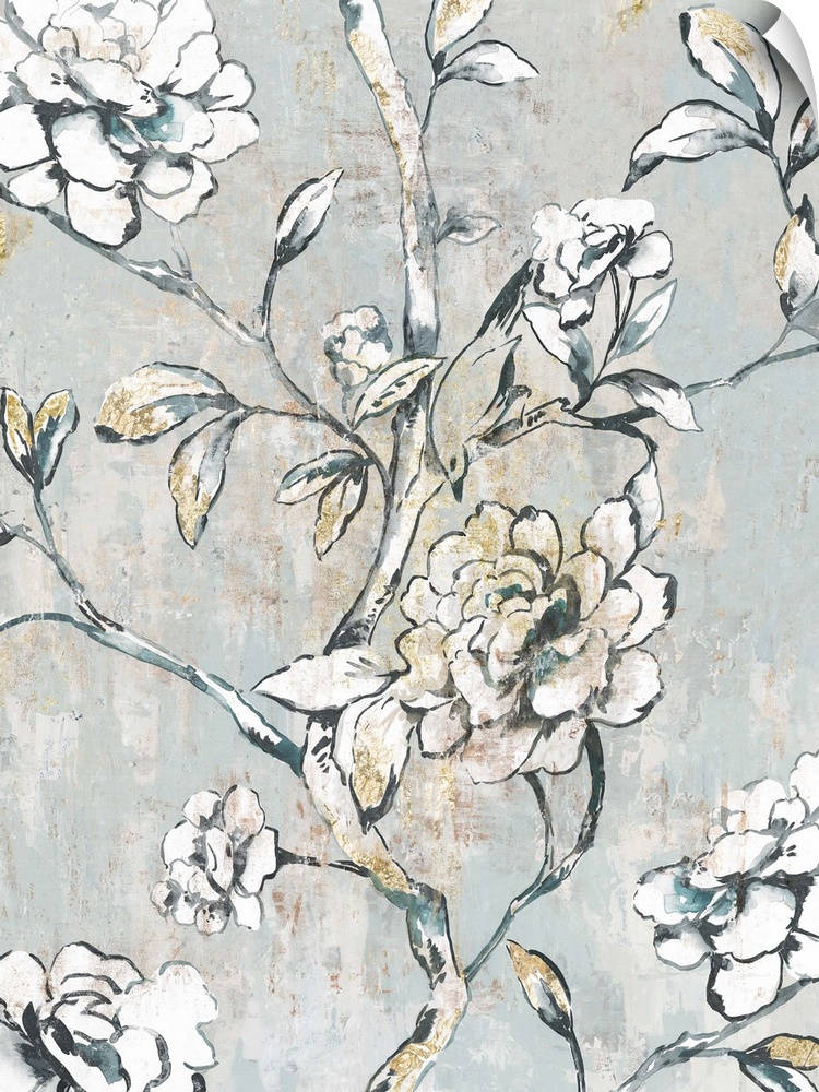 A contemporary painting of white flower blooms on leaf covered stems against a neutral textured backdrop.