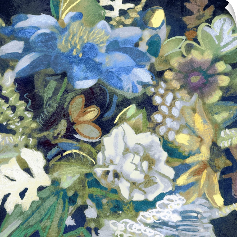 Contemporary painting of a bouquet of flowers in cool tones.