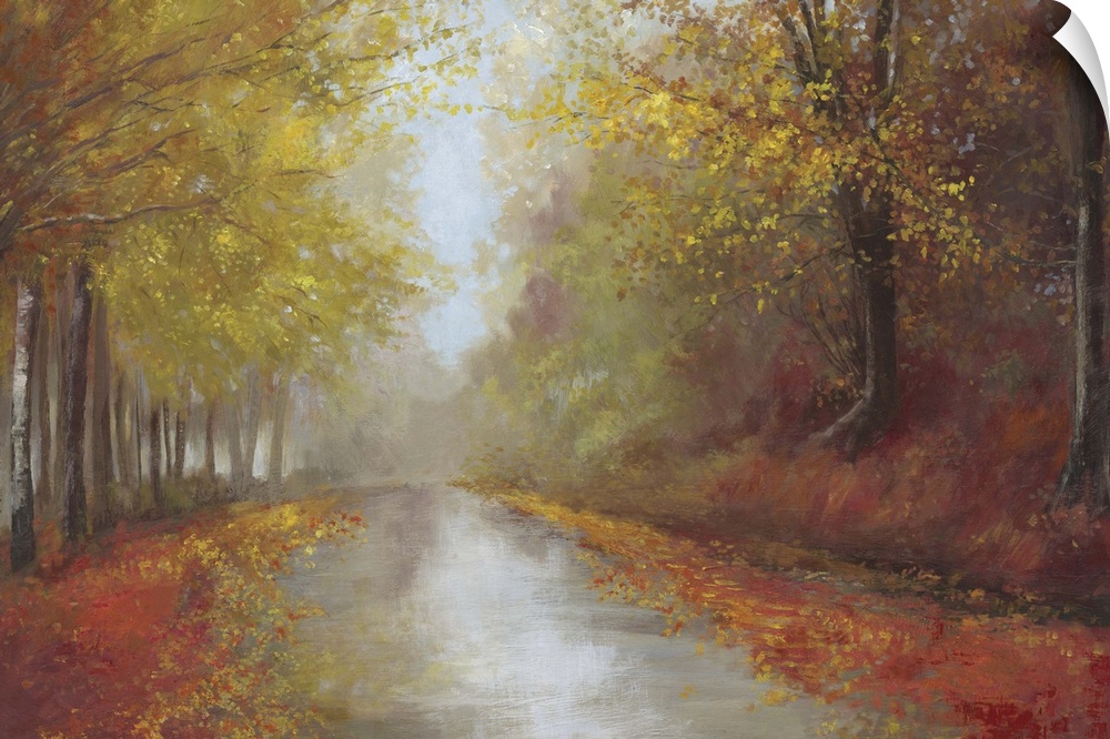 Contemporary home decor artwork of a road leading down through an autumn forest.