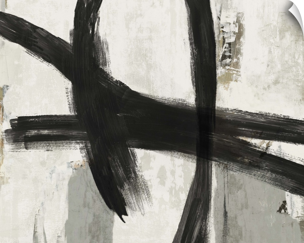 Abstract artwork of dark black strokes over cream and grey.