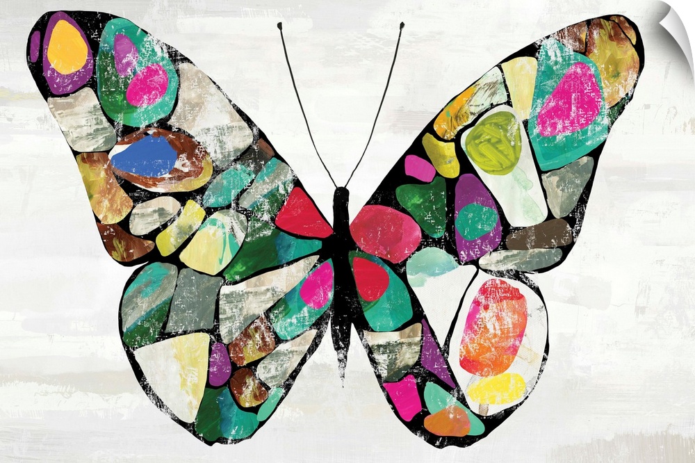 Decorative wall art with an illustration of a colorful butterfly with mosaic-like wings.