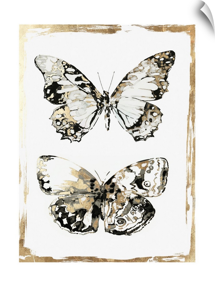 Glamorous butterfly decor in black, white, and gold.