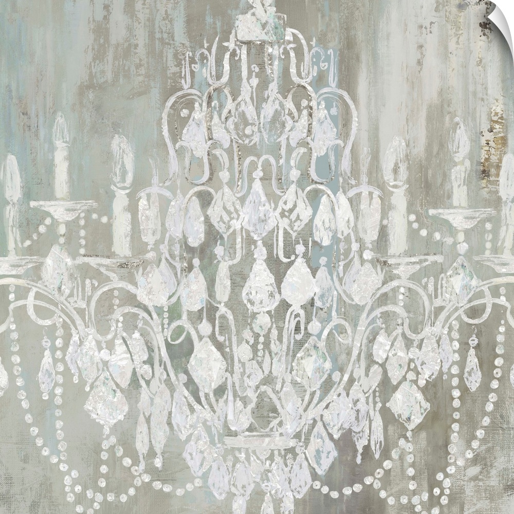 Decorative painting of a white chandelier on a gray, blue, and white textured background.