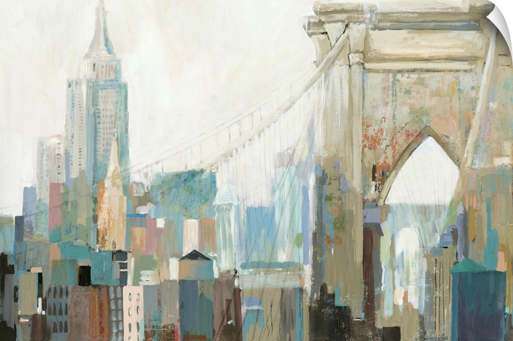 Contemporary painting of the view of Manhattan from the Brooklyn Bridge.