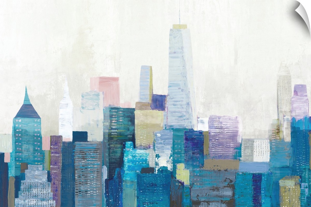A multi-color painting of the city skyline of New York City.