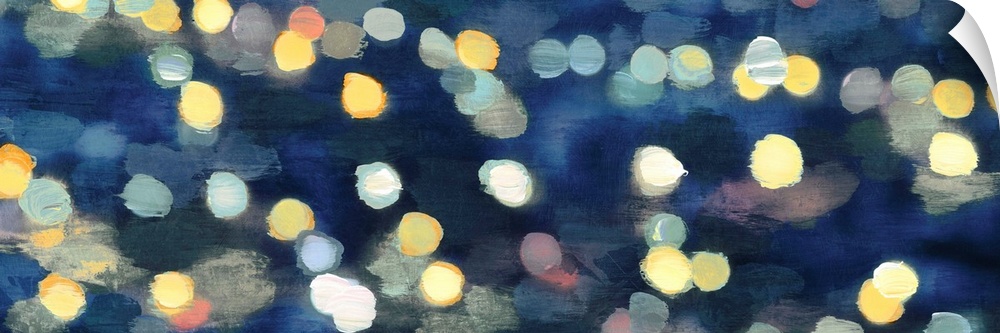 Abstract artwork in dark blue with gold and yellow shapes resembling blurred lights at night.