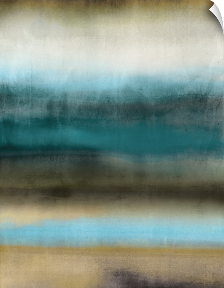 Abstract painting in soft blue and brown tones blending together.