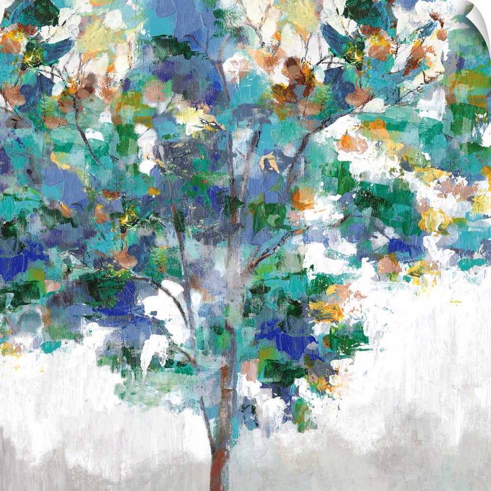 Contemporary artwork of a single tree with textured leaves in colors of green, blue and yellow.
