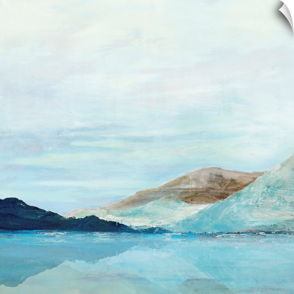 Square painting of rolling mountains along a lake with a clear blue sky.