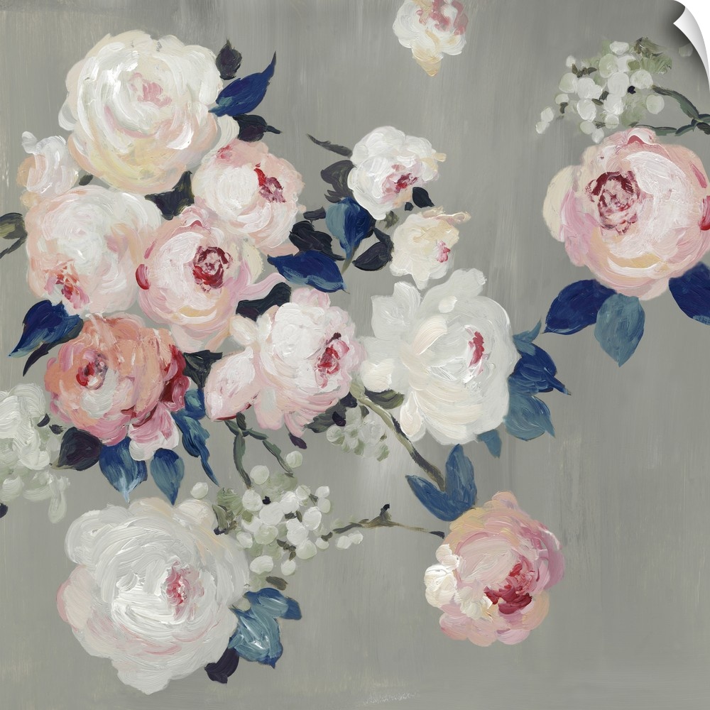 A contemporary painting of white and pink flowers against a neutral textured backdrop.