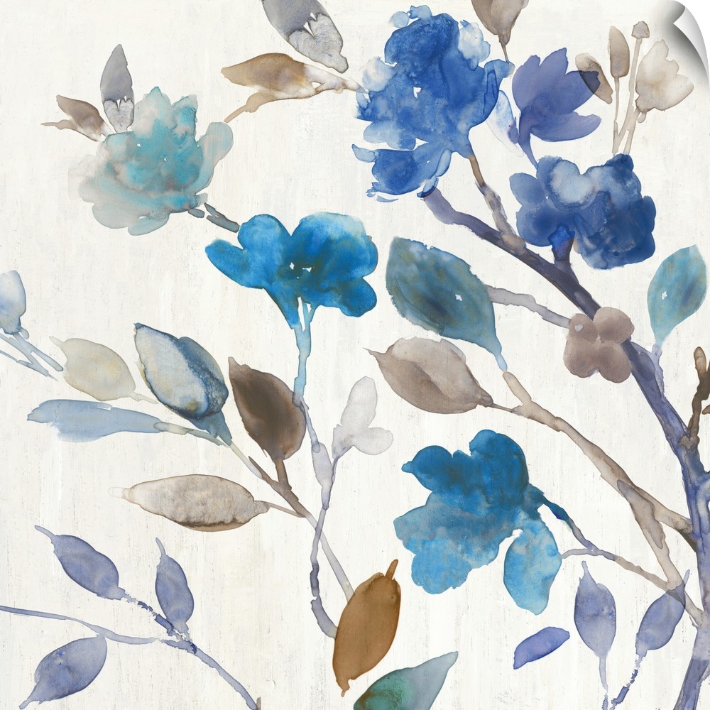 Watercolor decorative artwork of blue flowers with brown and pale green leaves on an off-white background.