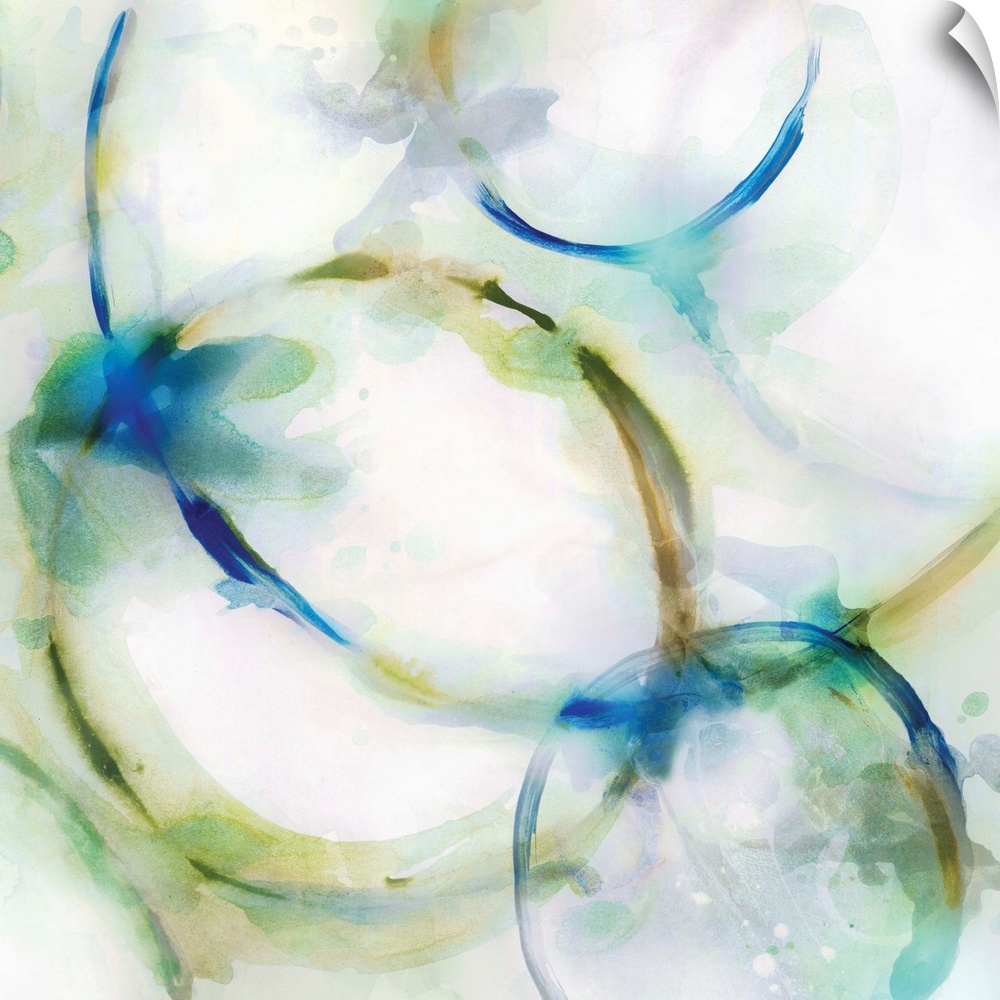 Large abstract painting of distorted circular shapes that fade into the white background.
