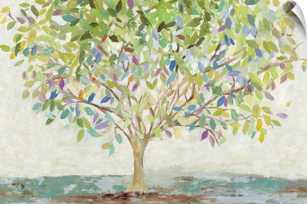 A contemporary painting of a single tree full of leaves in colors of green, blue and purple.