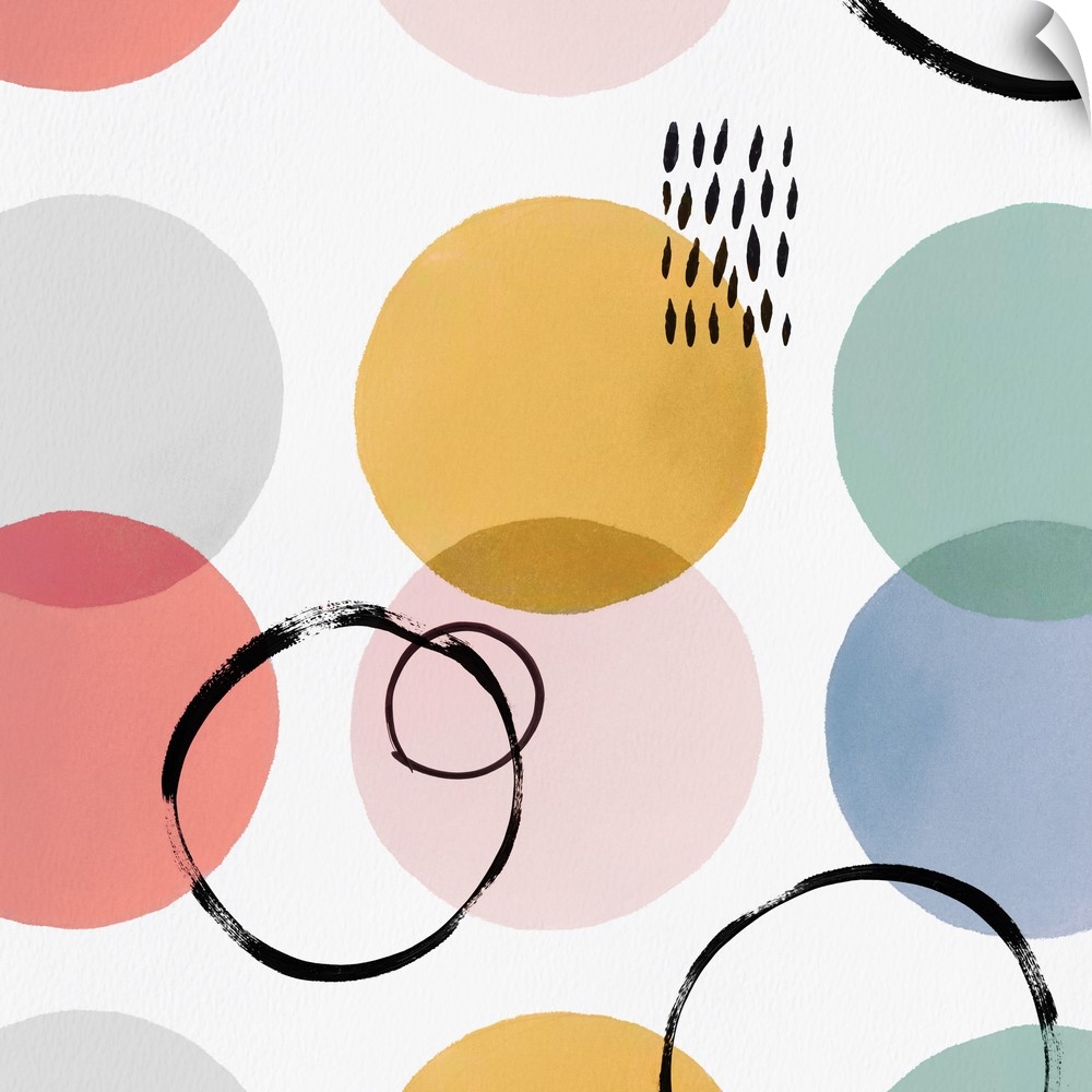 Square modern design of varies circles in pastel colors and overlapping rings.