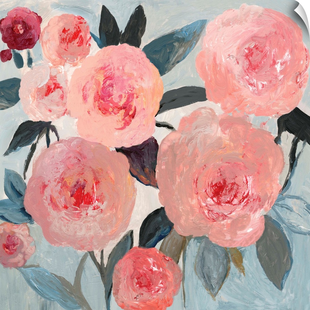 A contemporary painting of large pink flower blooms against a neutral textured backdrop.