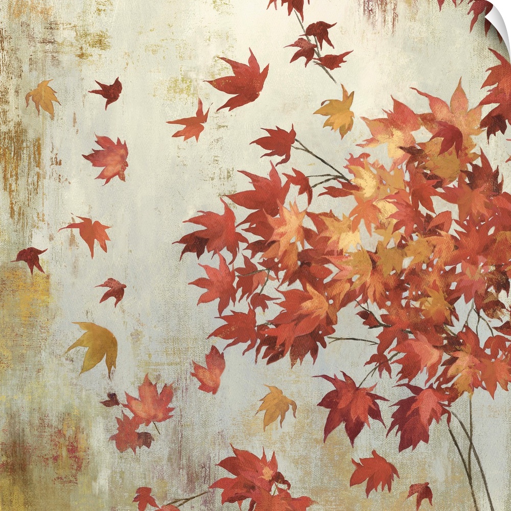 Contemporary home decor artwork of crimson foliage against a neutral background.