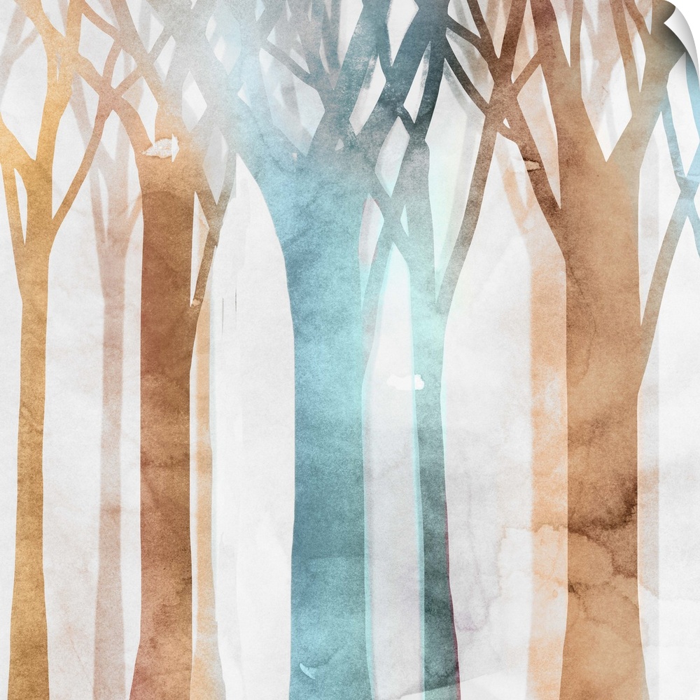 Contemporary home decor artwork of colorful watercolor trees against a distressed background.