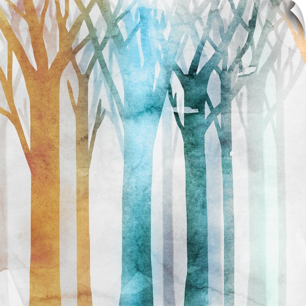 Contemporary home decor artwork of colorful watercolor trees against a distressed background.