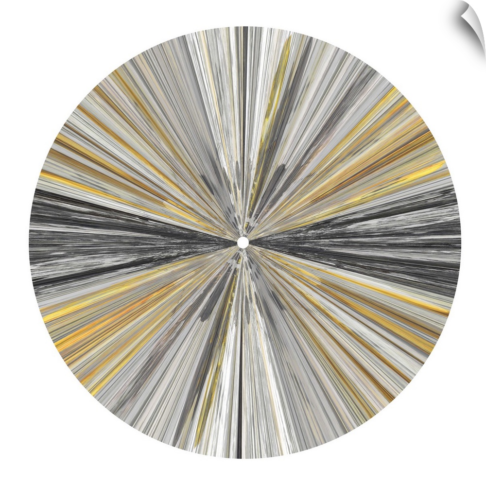 Abstract circular design with rays of black, gold, and gray on white.