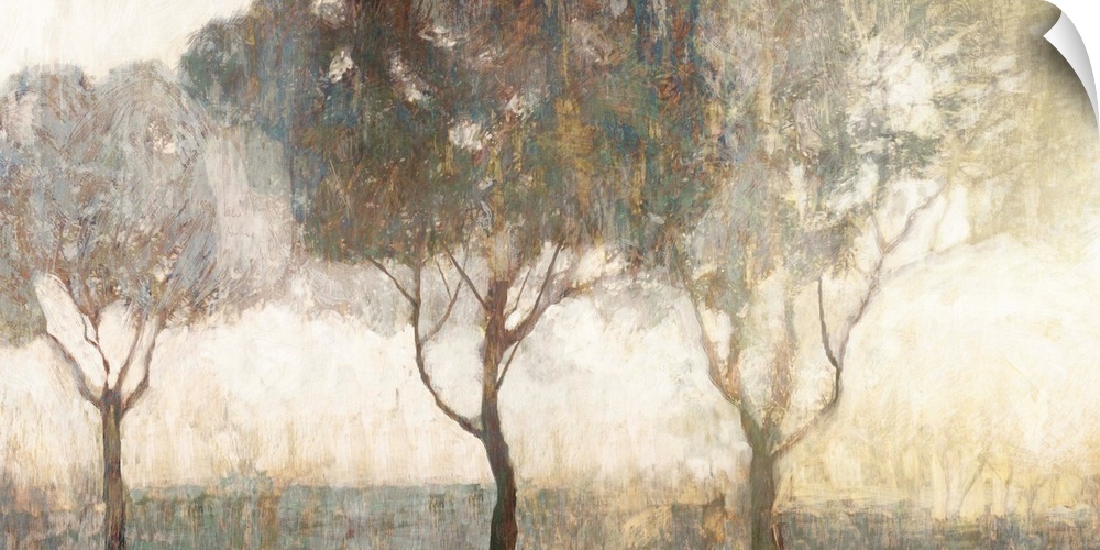Contemporary artwork of trees on a misty morning.