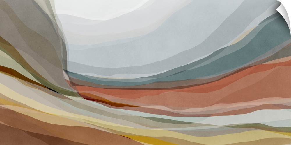 An organic, contemporary abstract art piece with curving layers of overlapping muted colors that look like rock strata und...