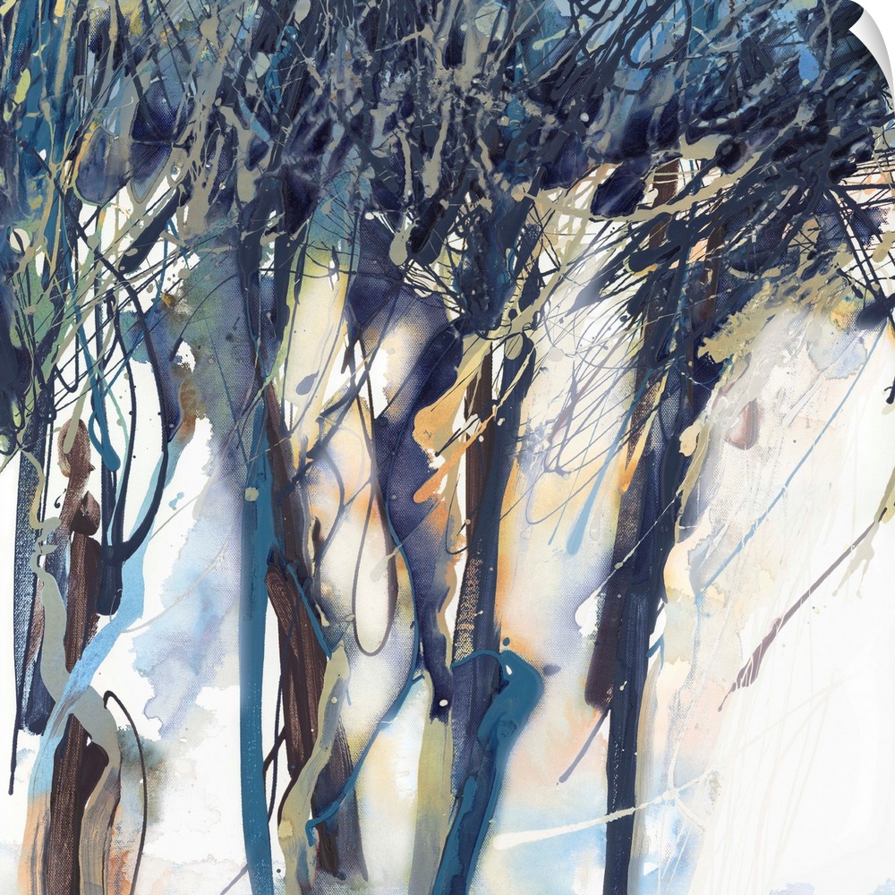 Contemporary abstract painting resembling wind-blown navy blue trees on white.