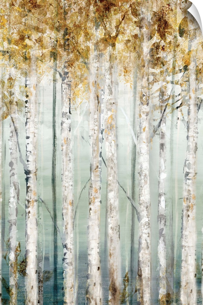 Contemporary painting of rows of trees with textured leaves in gold.
