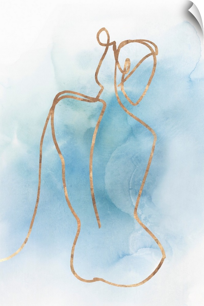 Abstracted nude figure outlined in gold on a blue watercolor background.