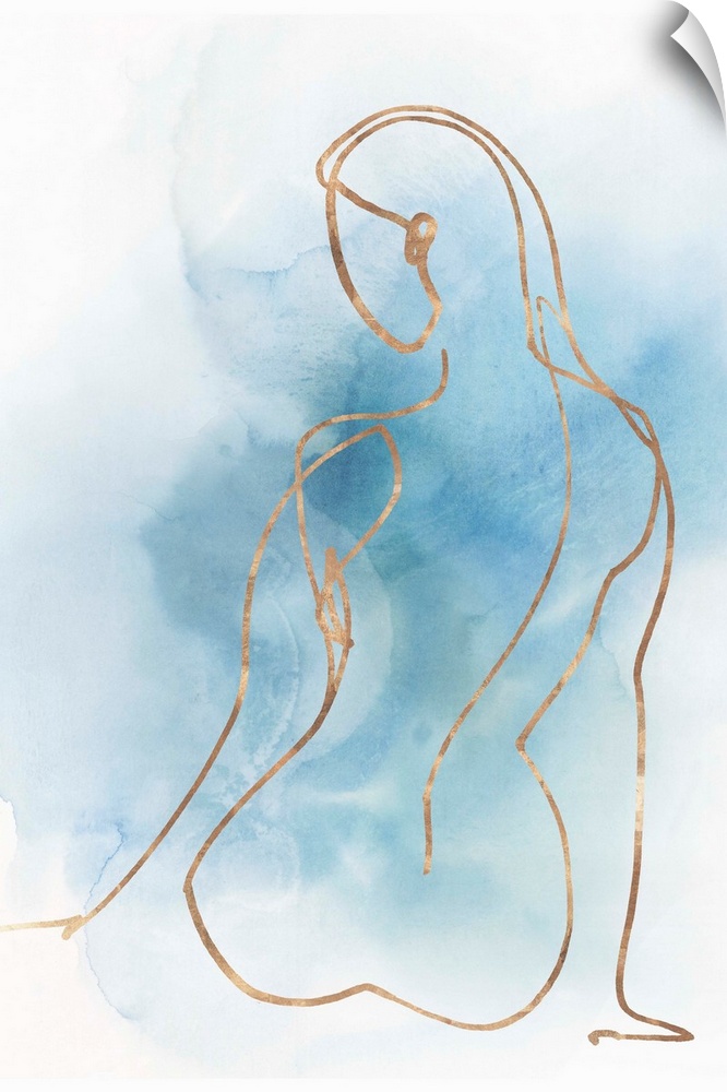 Abstracted nude figure outlined in gold on a blue watercolor background.