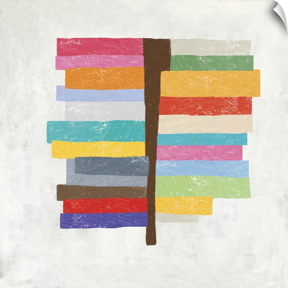 Square contemporary painting of multi color horizontal lines with a brown vertical line in the center.