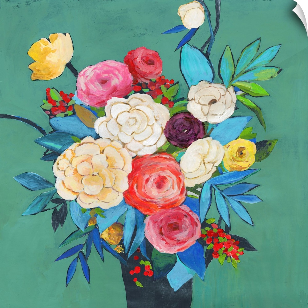 Brightly colored floral bouquet on a teal background.