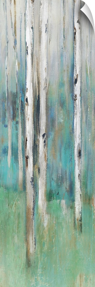 Abstract painting of a forest in muted blues and greens.