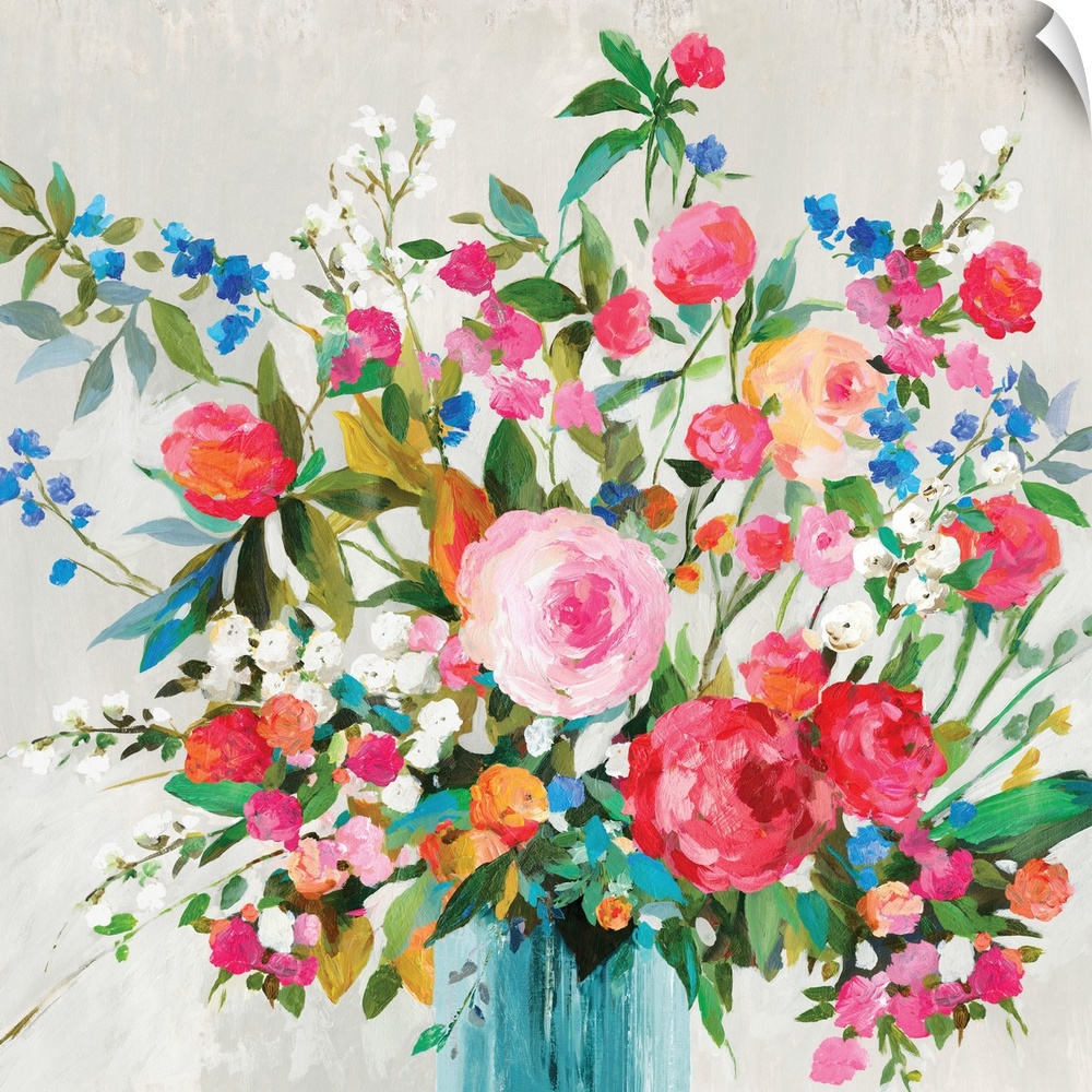 A square painting of bright flowers in a vase against a gray backdrop.