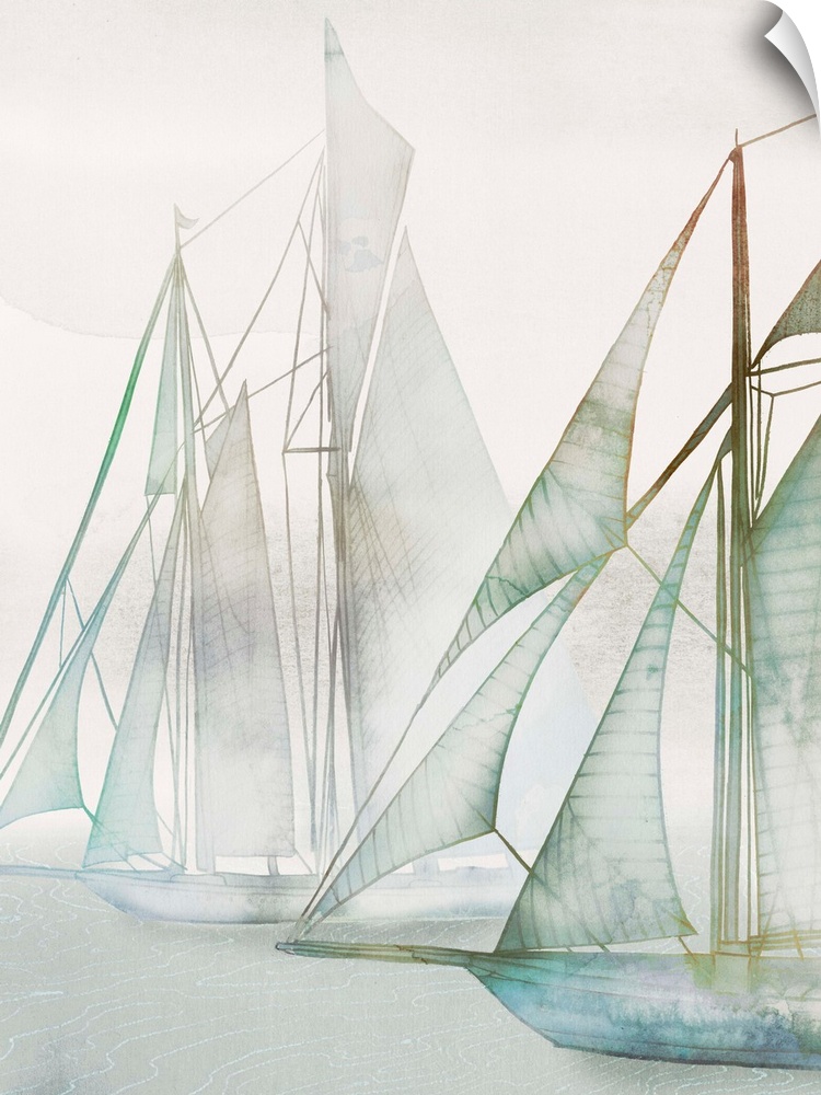 Watercolor painting of several sailboats in the mist.