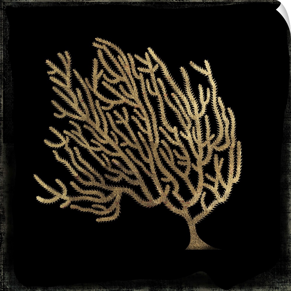 Contemporary home decor artwork of golden coral against a black background.