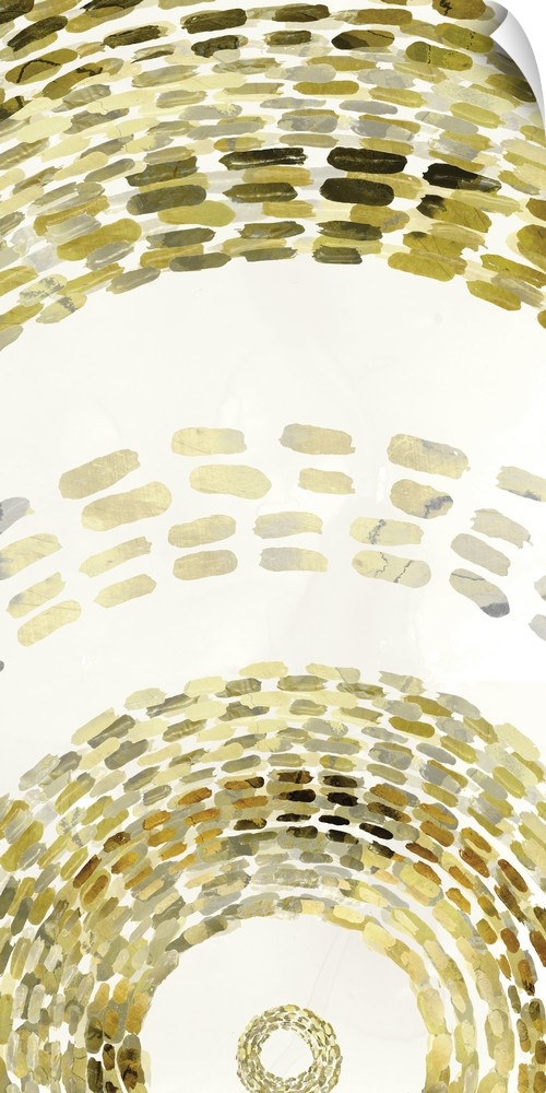 Abstract painting of golden dashes in curved and circular patterns on cream.