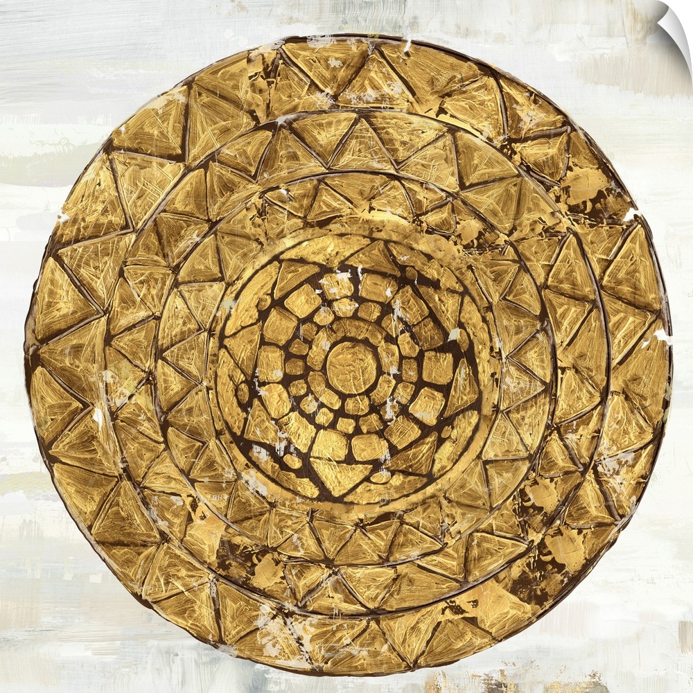 Square image of a gold circle with textured triangle designs.