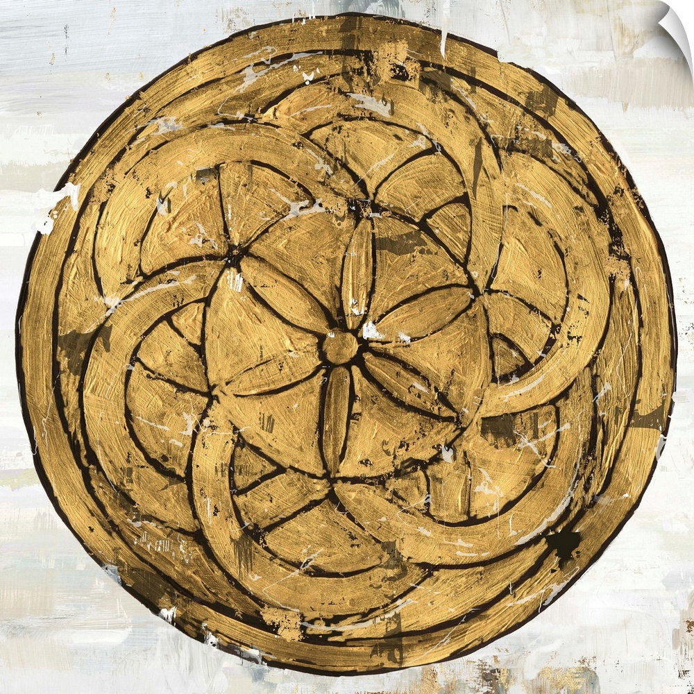 Square image of a gold circle with textured floral design.
