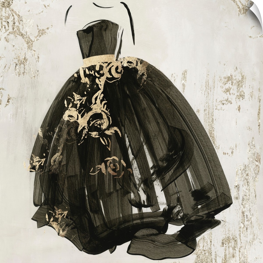 Painting of a formal ball gown, outlined in black, with gold accents against a neutral backdrop.