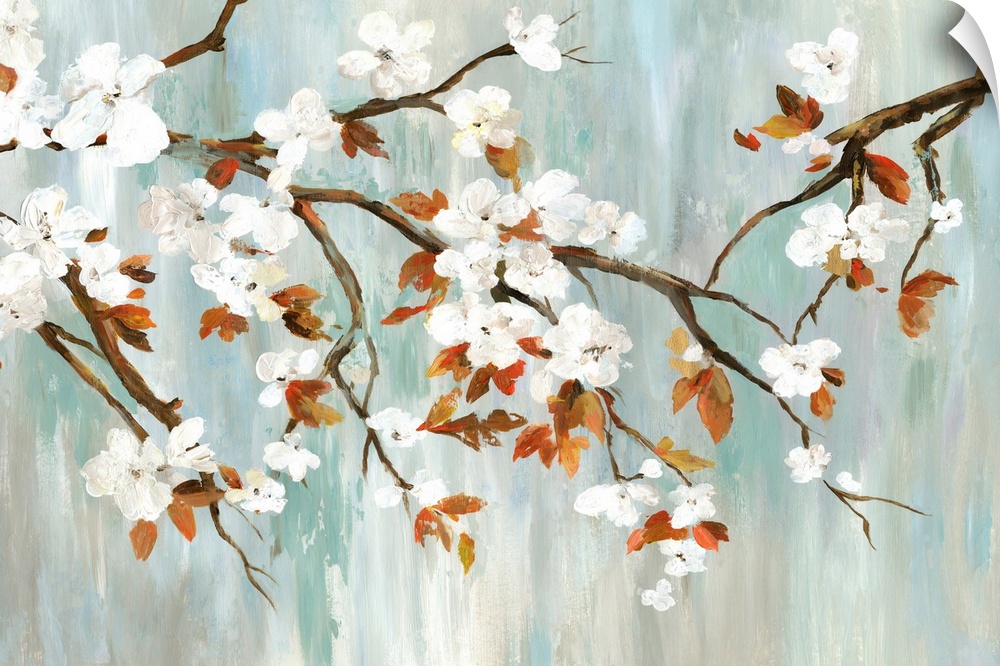 A painting of a branch of white cherry blossoms against a gray and teal backdrop.