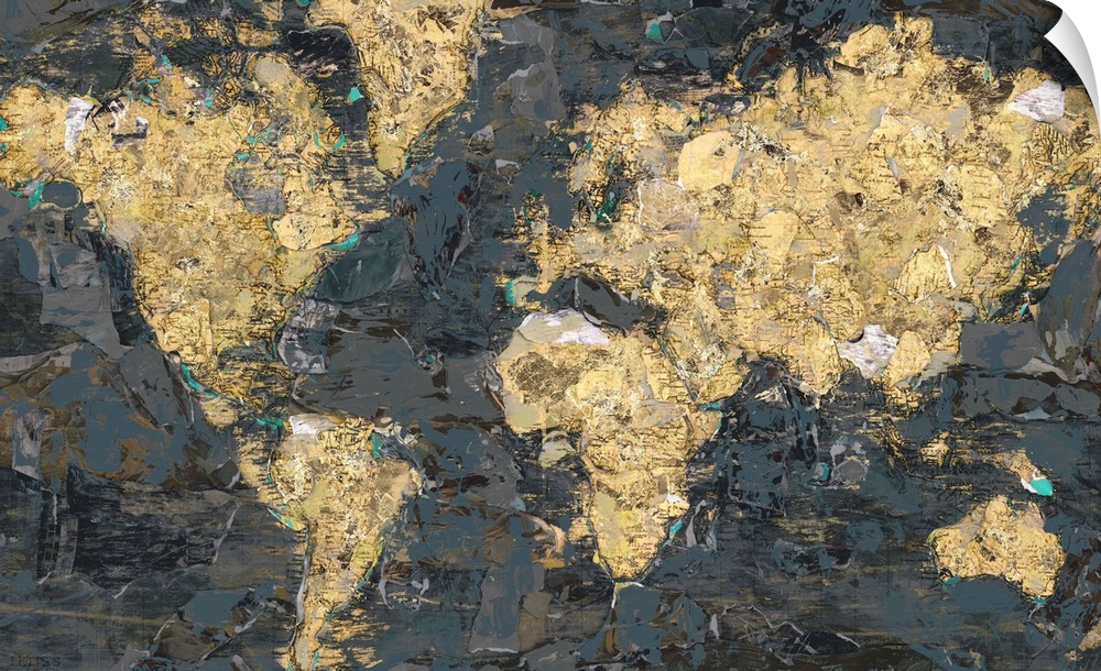 A textured abstract painting of the world map in gray and gold colors.