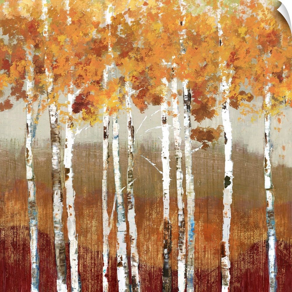 Painting of a group of birch trees with orange leaves in a forest.
