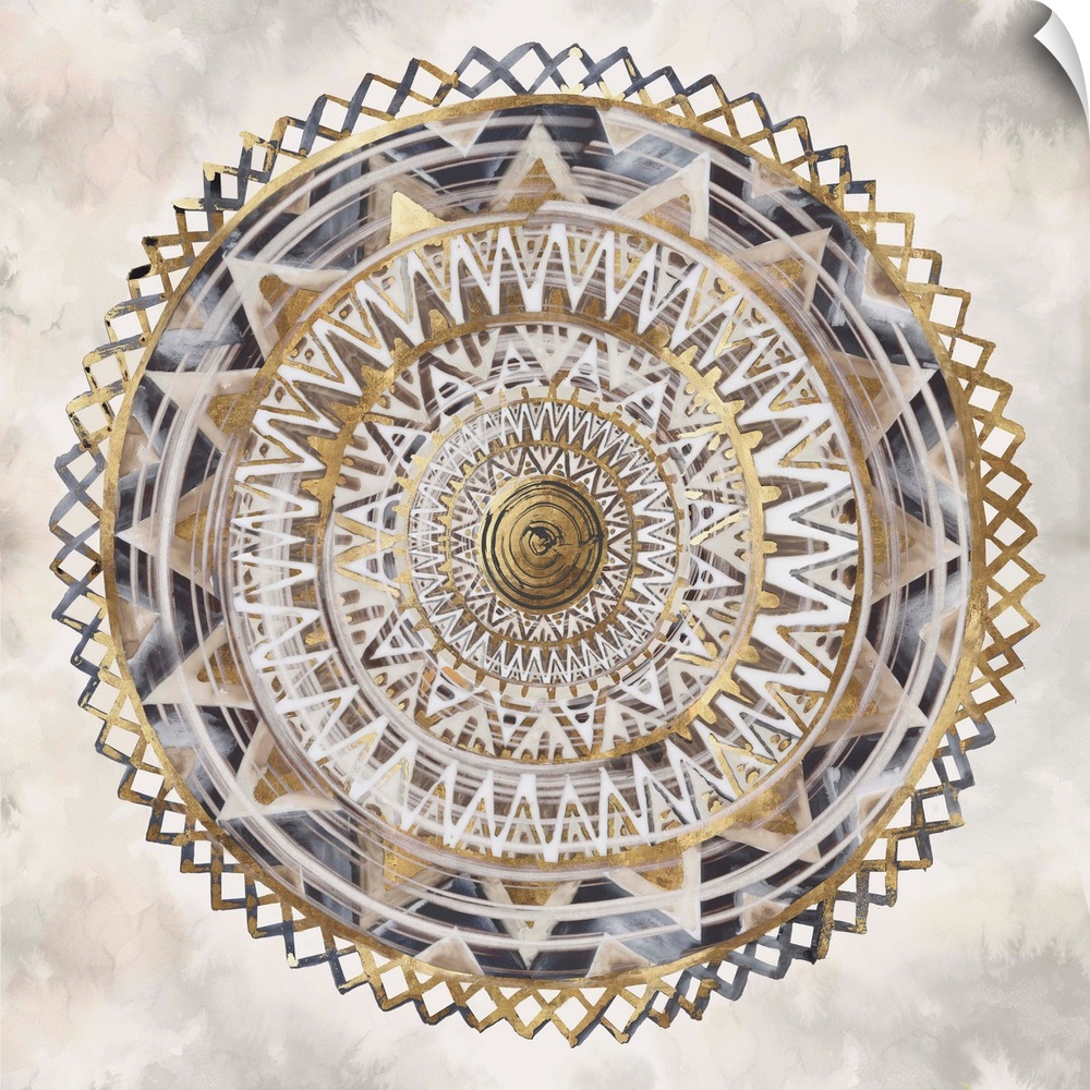 Bohemian mandala painted in various neutral shades outlined in gold.