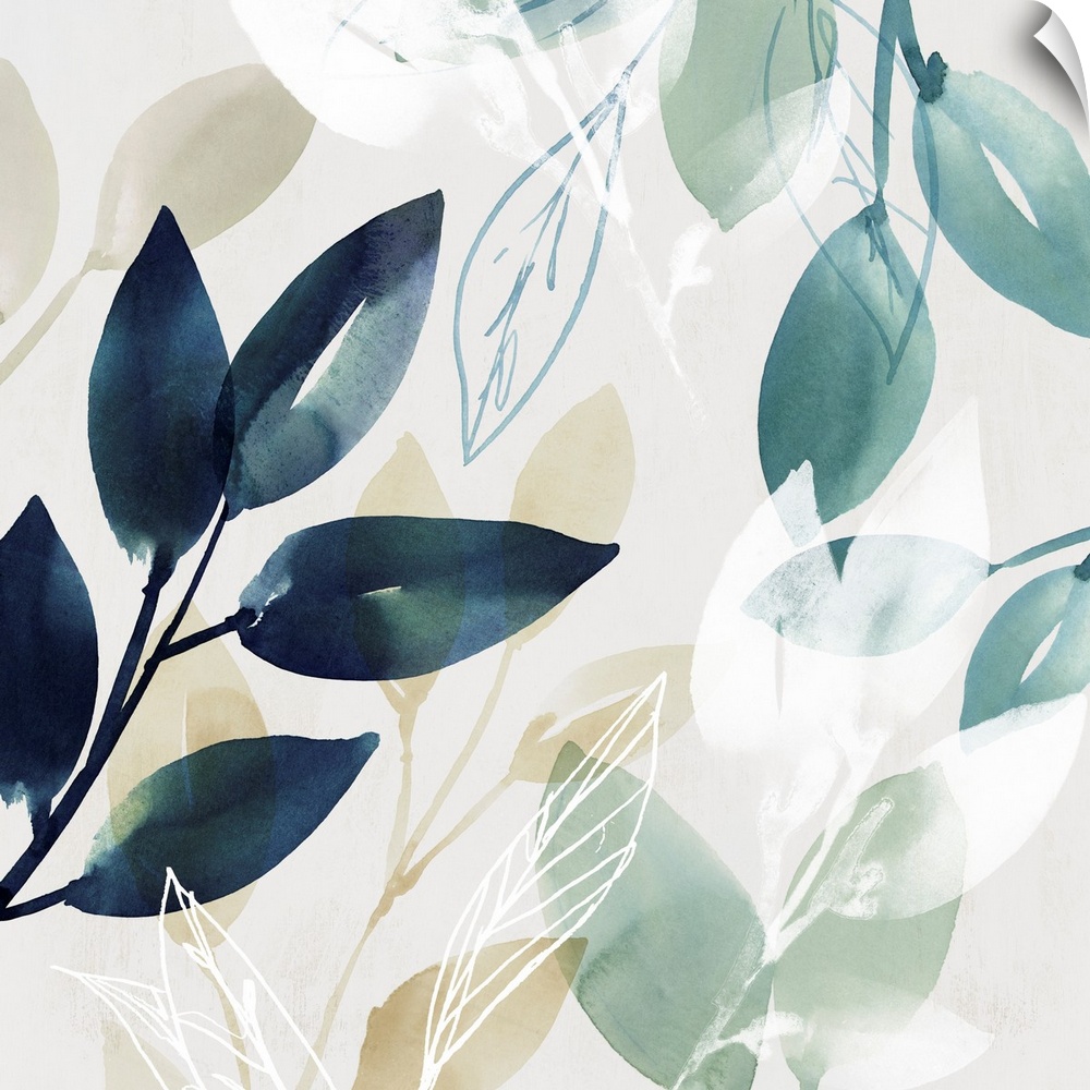 Watercolor pattern of leaves painted in various greens, blues, and neutral shades.