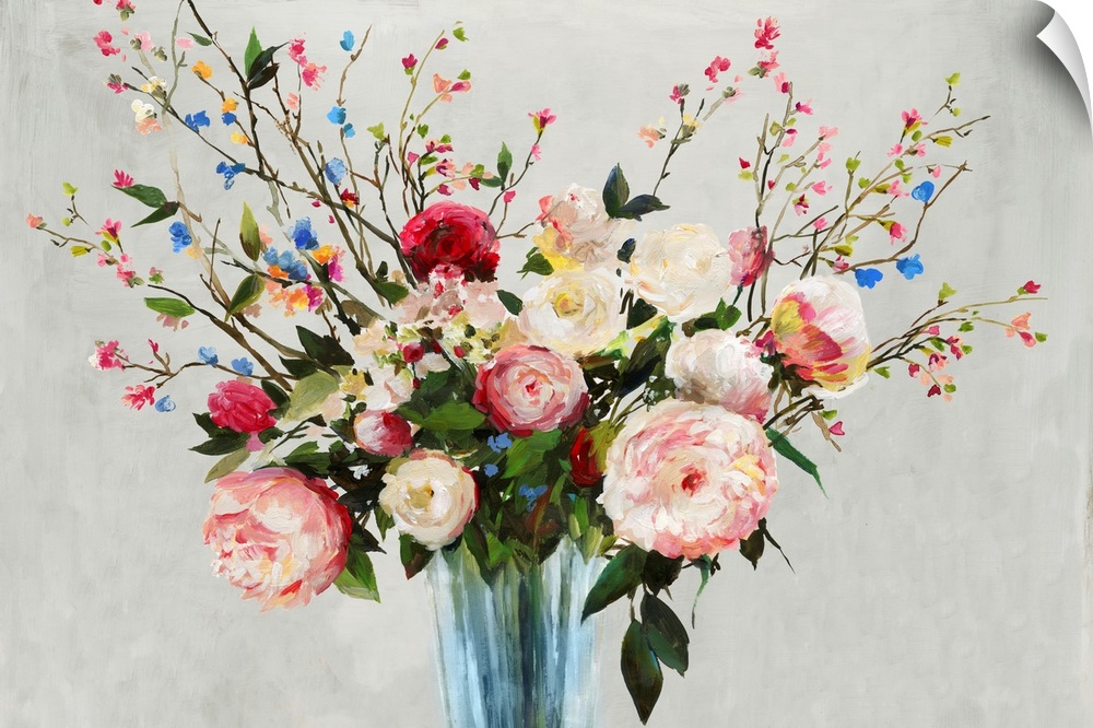 Painting of a floral bouquet on a gray background.