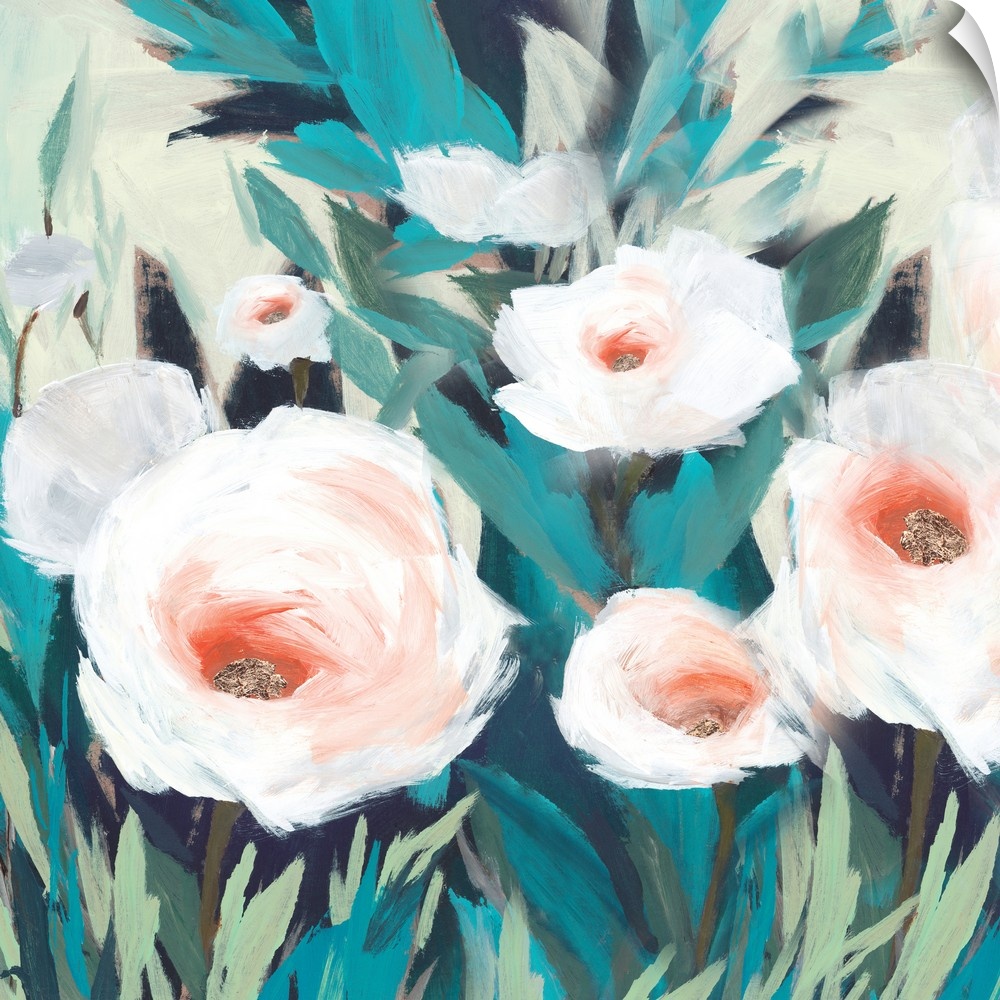 A contemporary painting of white flower blooms surrounded by leaves.