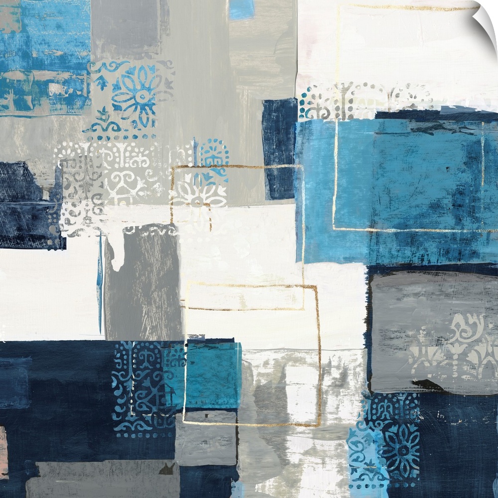 Bohemian abstract painting in a variety of blue and gray tones with metallic accents.