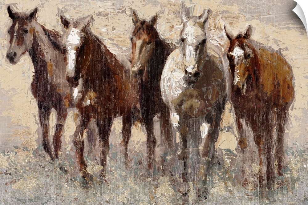 Contemporary painting of a band of brown horses in a field.